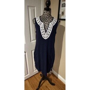 Lands End Dress V-neck Day To Night Beach Dress Cotton Navy Blue Sz Small
